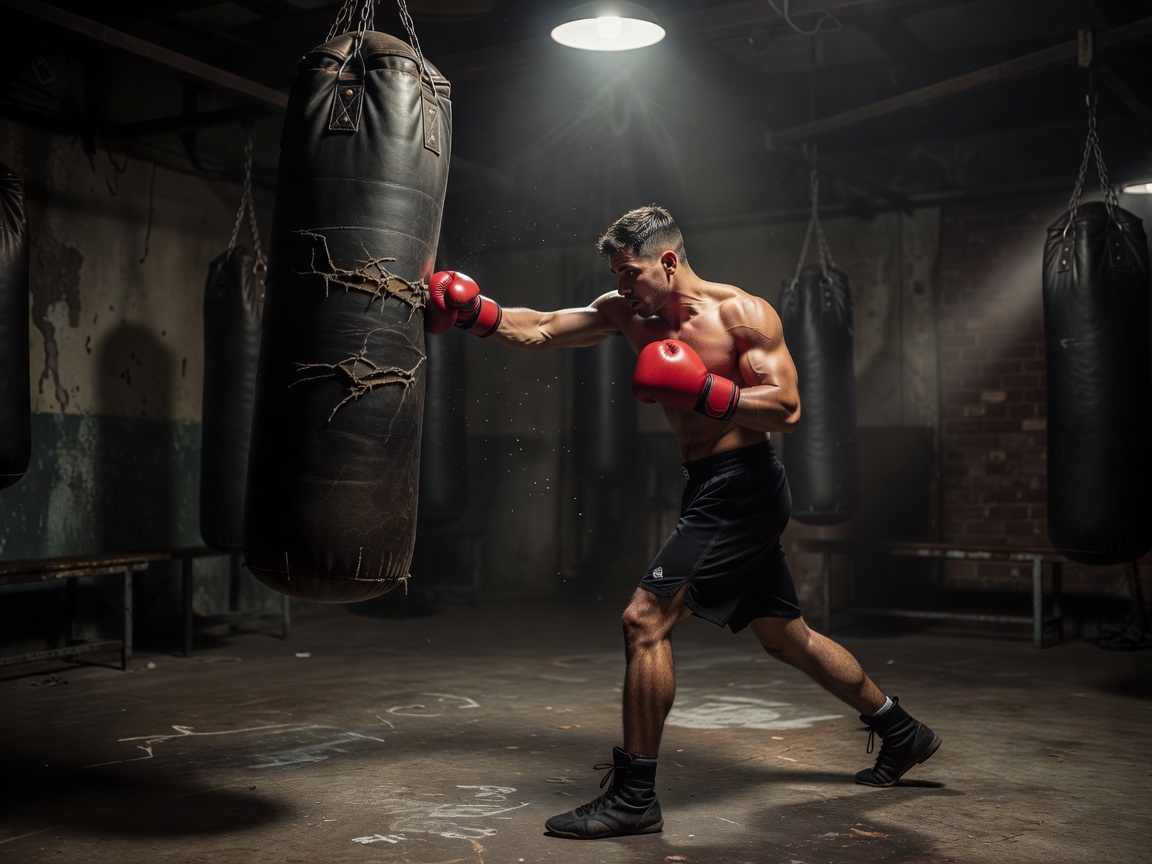Boxer hitting a heavy bag in a dimly lit gym