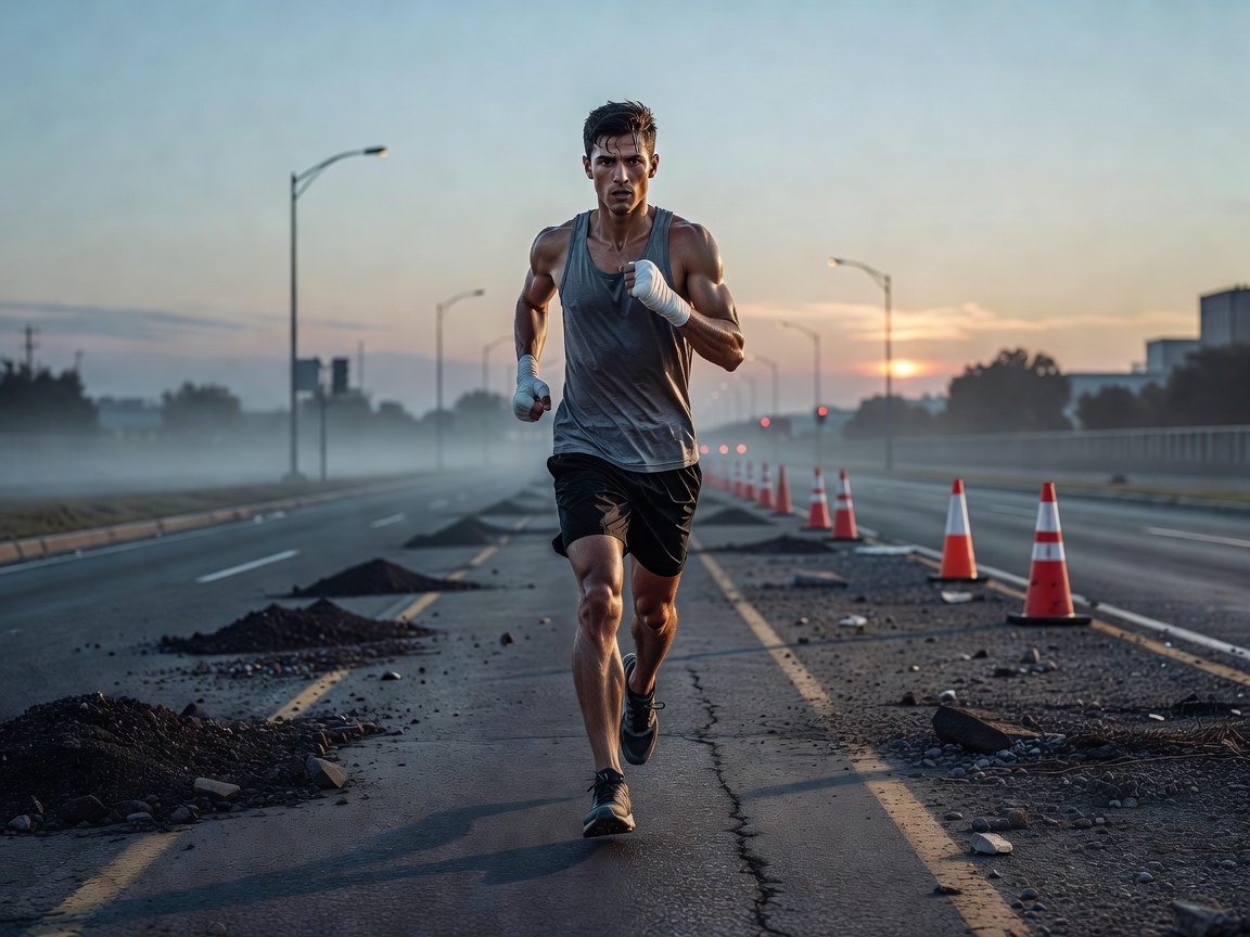 Boxer running on an empty street during early morning roadwork