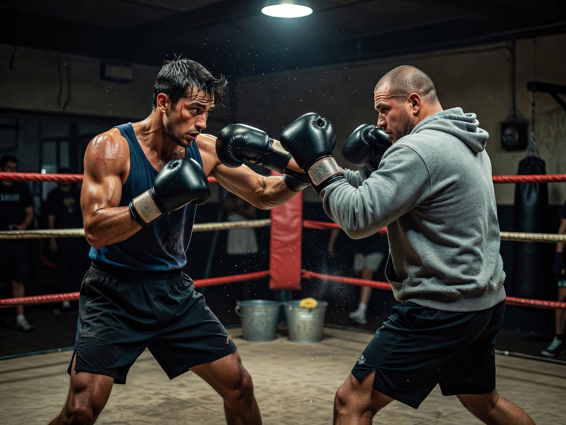 Boxer slipping a punch during an intense sparring session