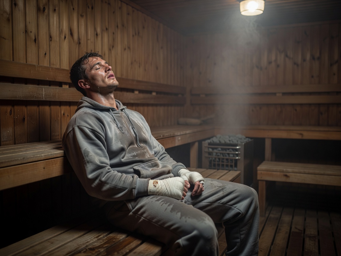 Boxer wrapped in a sweat suit resting in a sauna