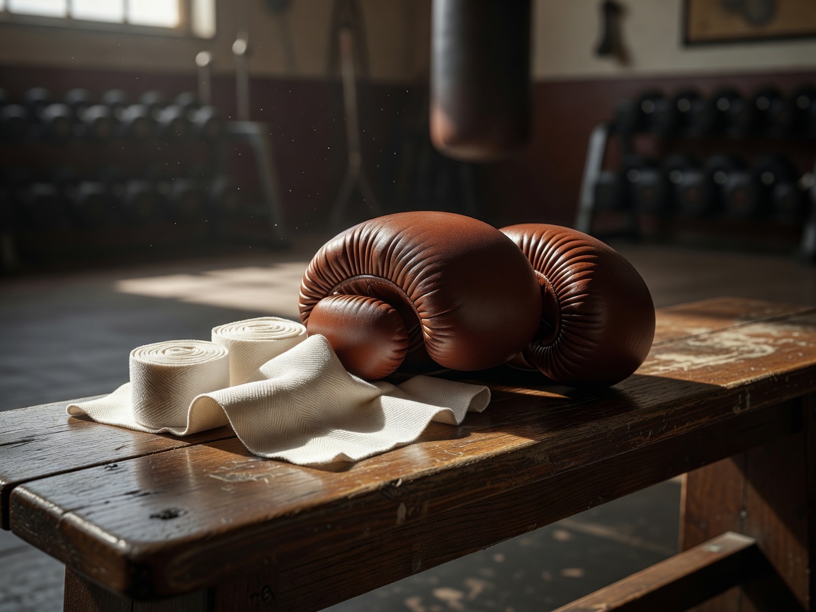 Close-up of premium leather boxing gloves and hand wraps laid out on a gym bench