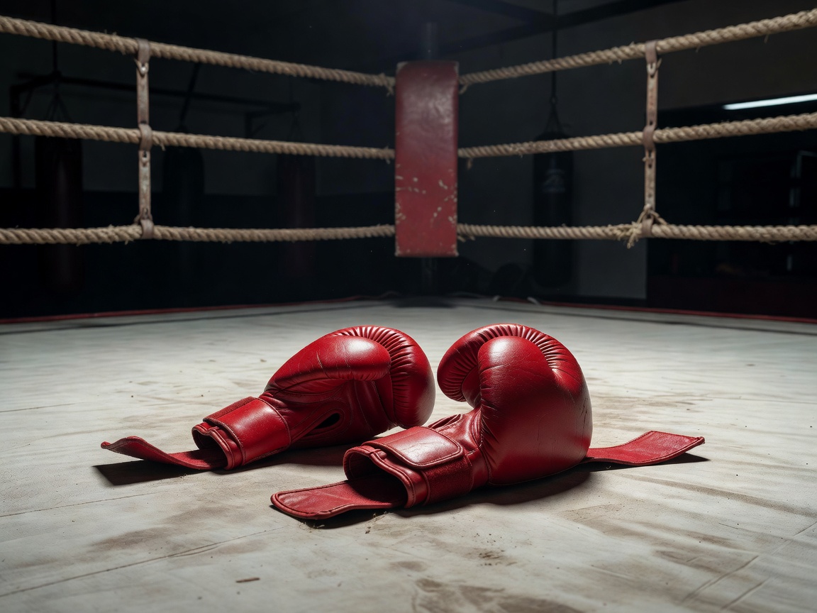 Pair of red boxing gloves resting on the canvas of a boxing ring