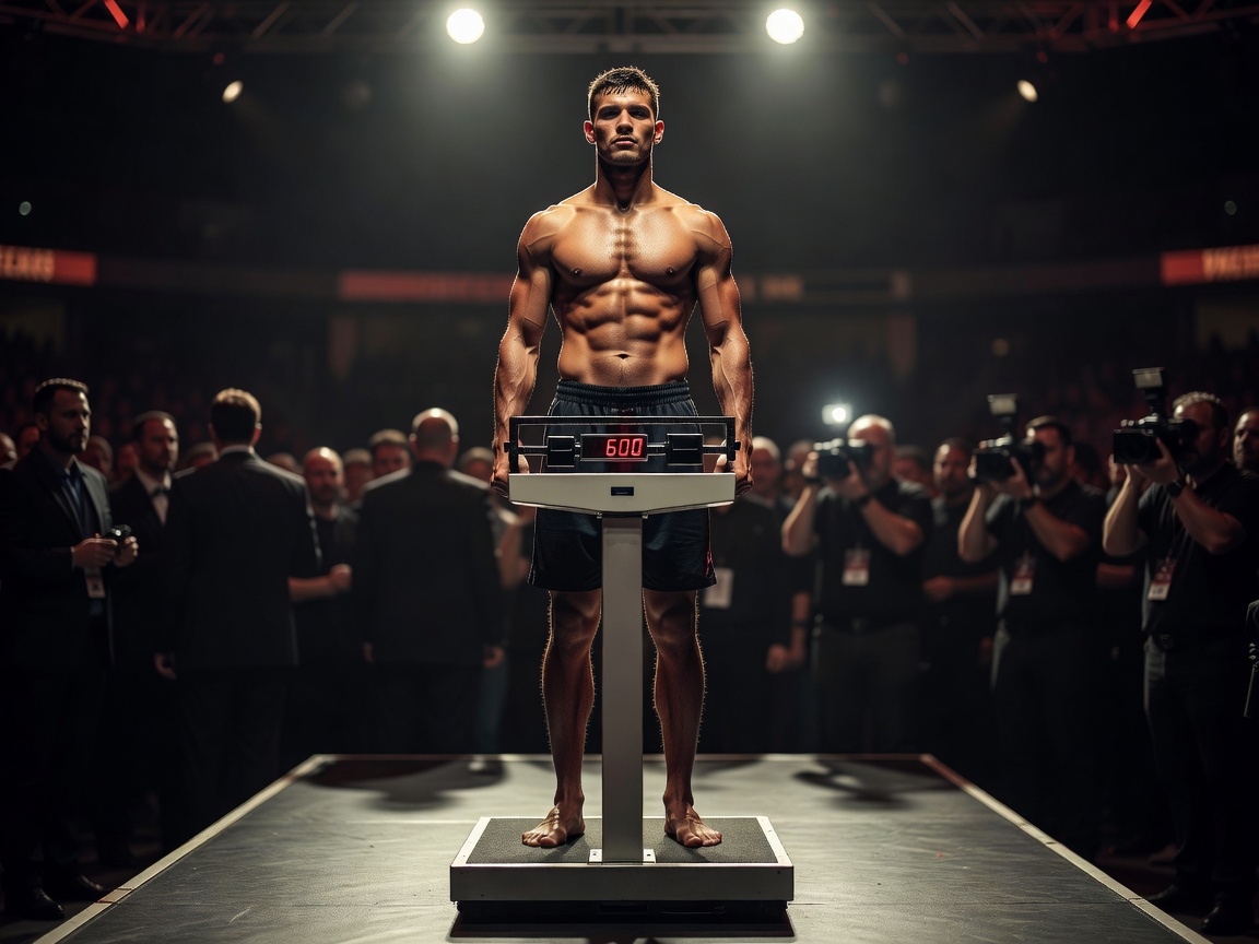 Professional boxer standing on a scale during a weigh-in event