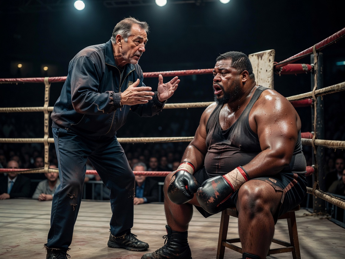 Trainer giving advice to a fatigued boxer in the corner of the ring