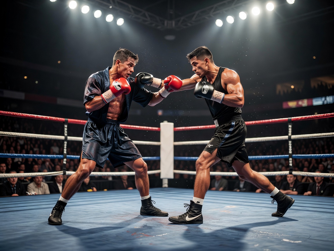 Two boxers exchanging punches in the center of the ring under bright lights